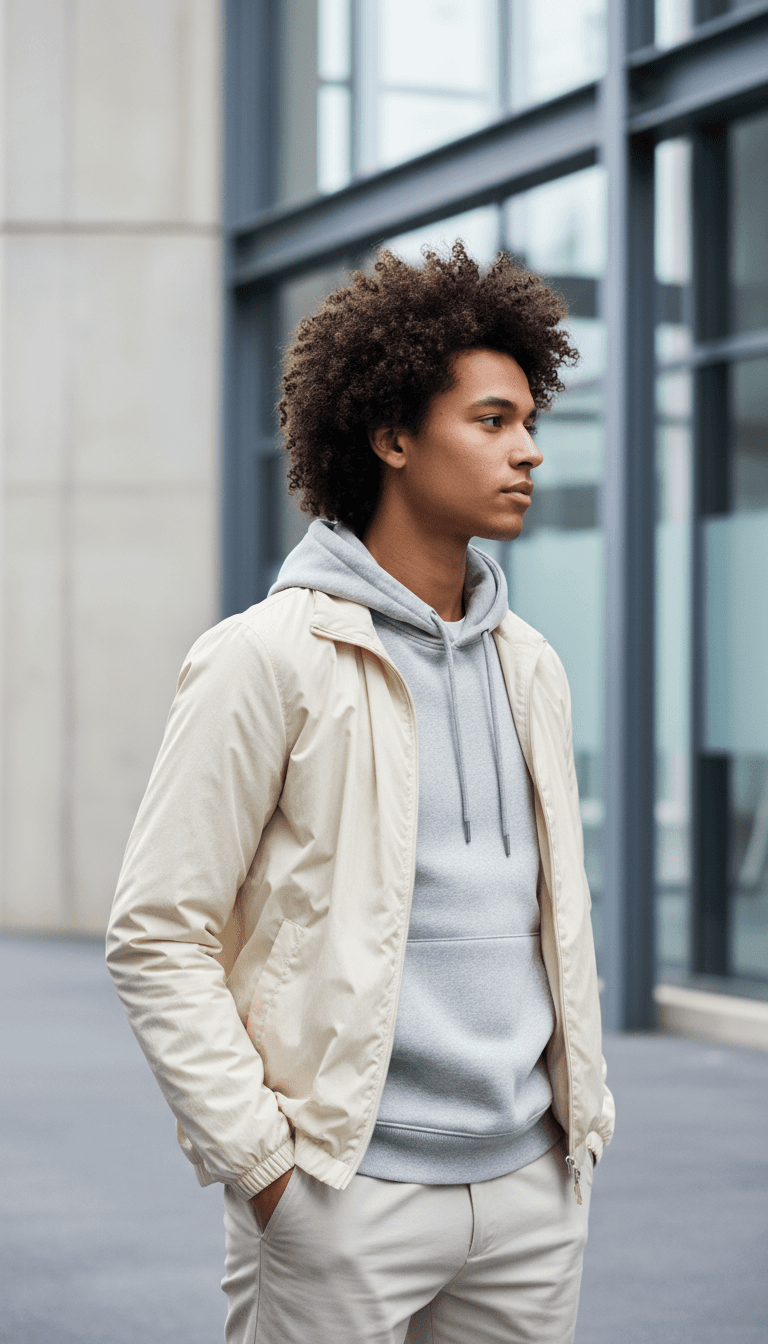 Person wearing a stylish jacket outdoors in natural light