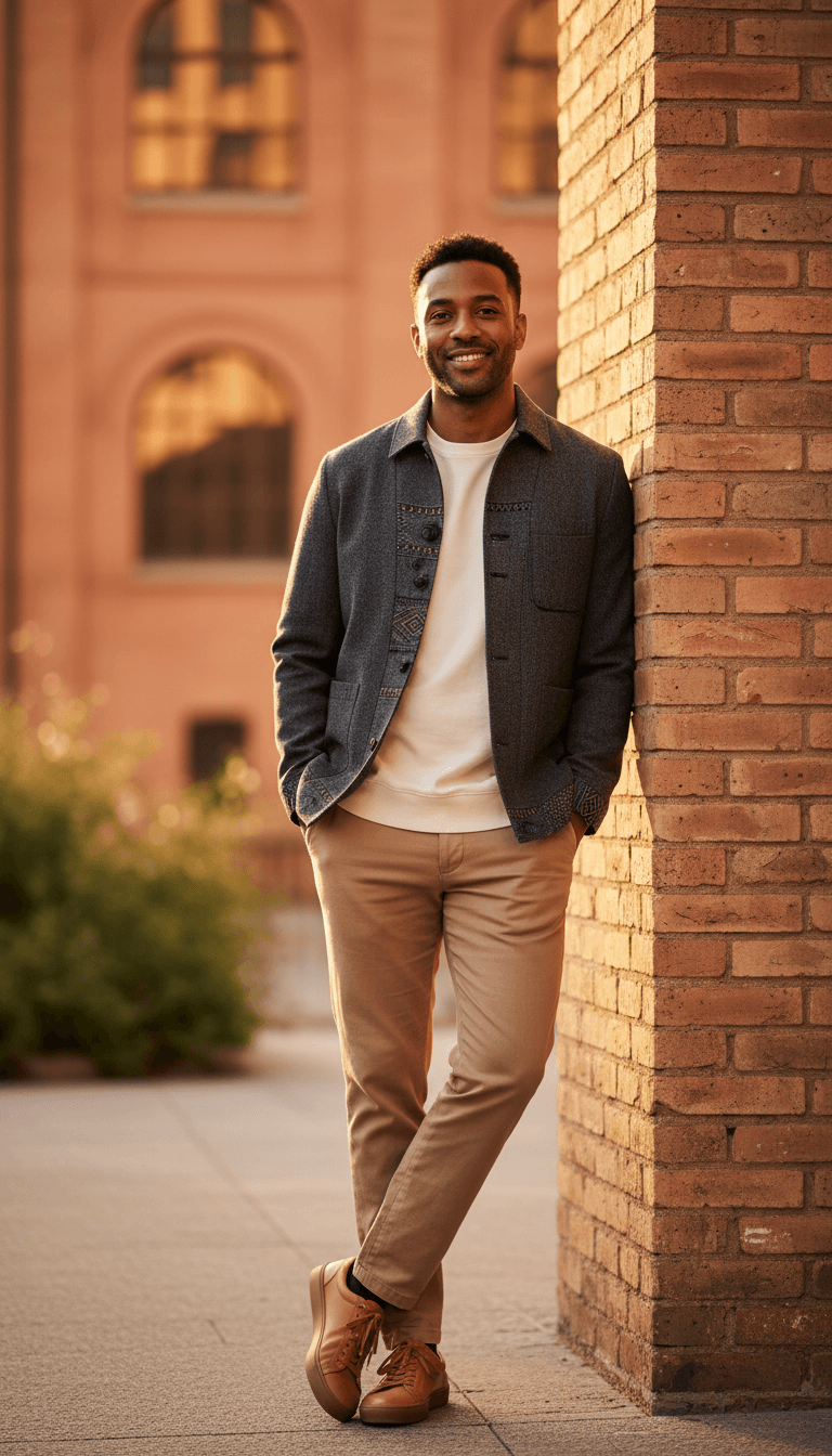 Customer wearing fitted jacket outside